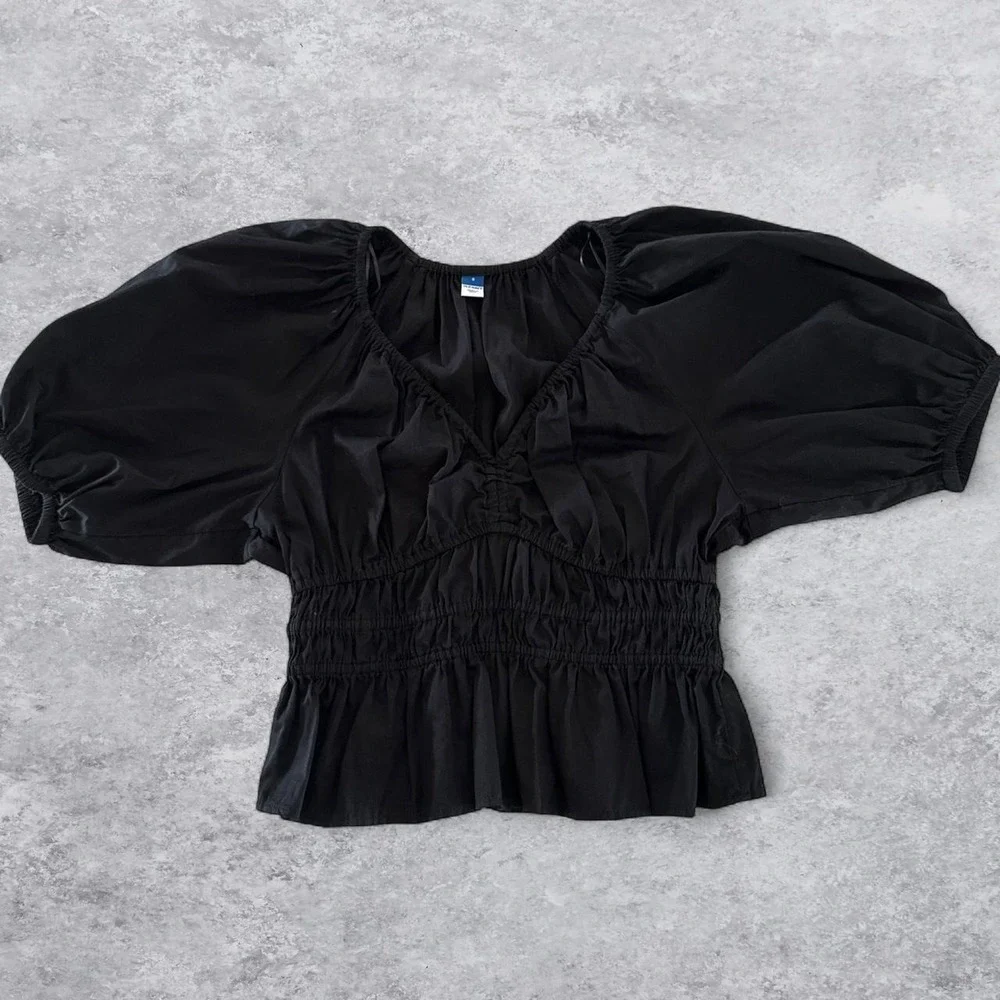 Old Navy Womens Black Cotton Poplin Smocked Peplum Puff Sleeve V-Neck Blouse S